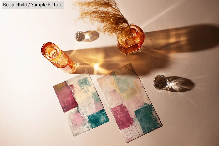 Abstract paintings with pink, teal, and white blocks next to amber glass bottles on a table.