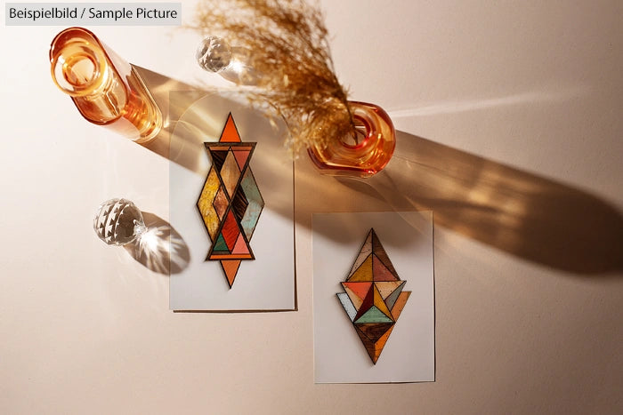 Geometric stained glass designs on paper near orange glass vases casting shadows on a beige surface.