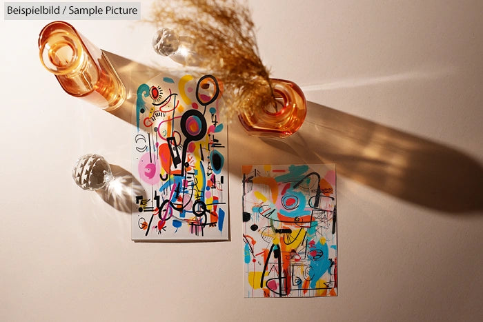 Abstract art with colorful shapes next to amber-colored vases casting shadows on a white surface.