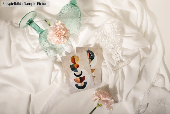 Artistic table setting with pink carnations, green glass bottles, and abstract artwork on a white fabric background.