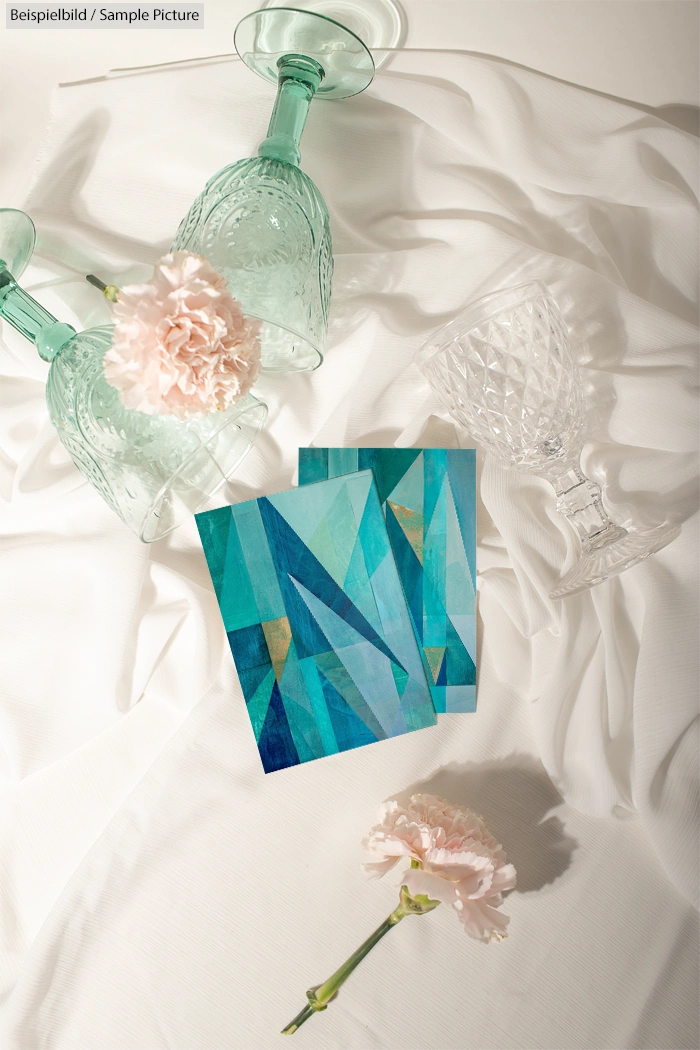 Abstract geometric blue painting surrounded by crystal glasses and pink carnations on a white cloth backdrop.