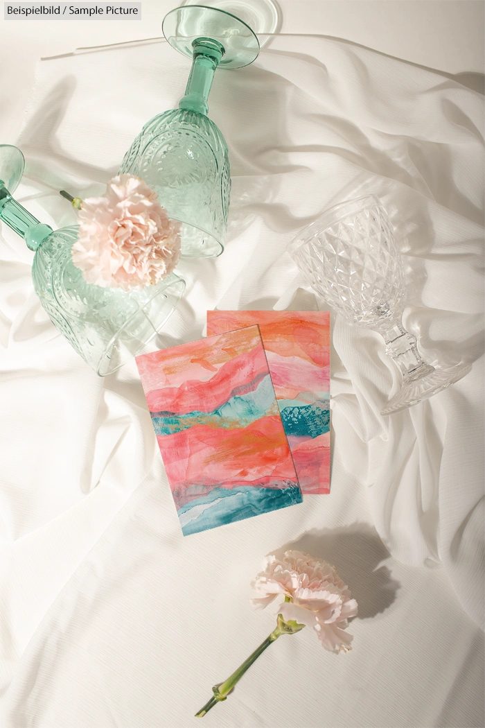 Abstract pink and blue artwork on cards with crystal glasses and pink carnations on white fabric.