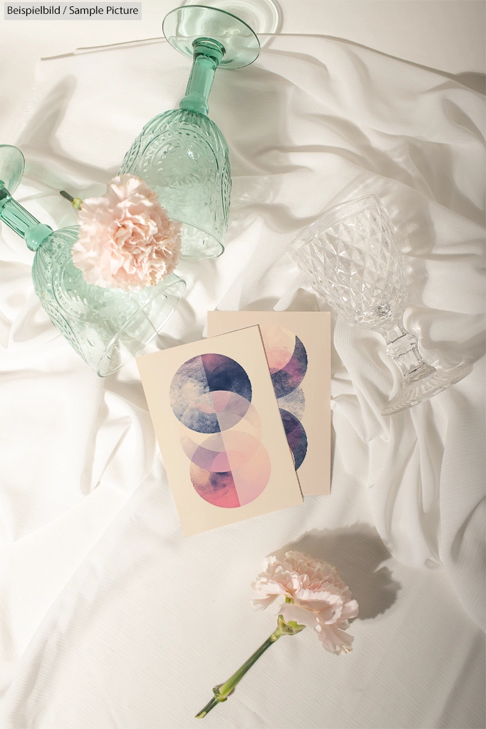 Glassware, pink carnations, and abstract geometric cards on white fabric.