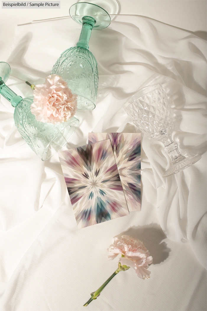 Elegant table setting with glass goblets, pink carnations, and abstract floral artwork on a white cloth.