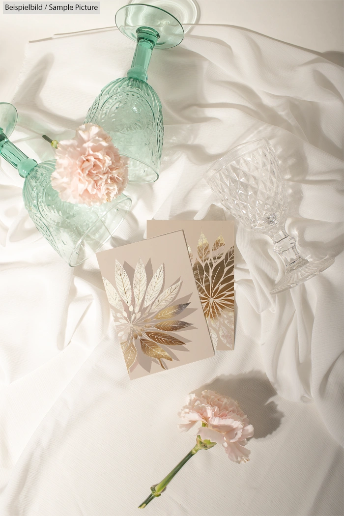 Elegant invitation cards with floral design, surrounded by pink carnations and crystal glassware on a draped white cloth.