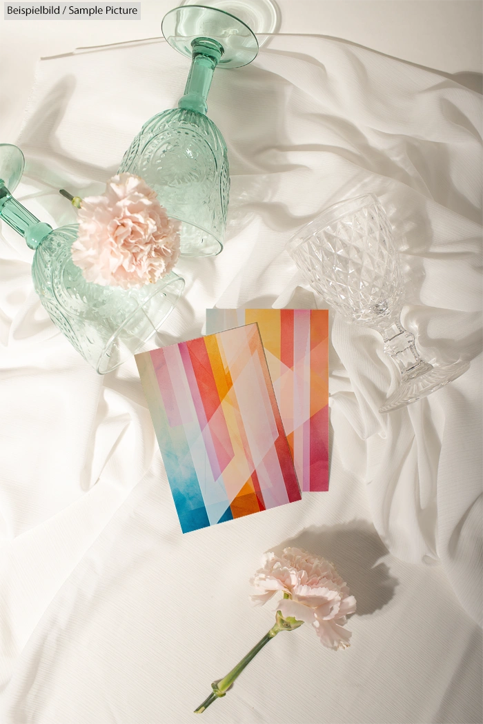 Colorful cards on white fabric with green wine glasses and a pink carnation flower, creating an elegant arrangement.