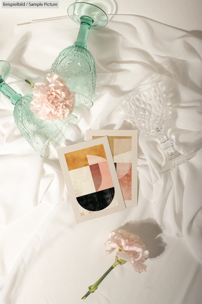 Elegant flatlay with glasses, flowers, and abstract art cards on white fabric background.