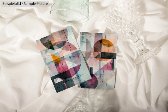 Two abstract art postcards on a white fabric with clear glass objects. Geometric shapes in muted colors are prominent.