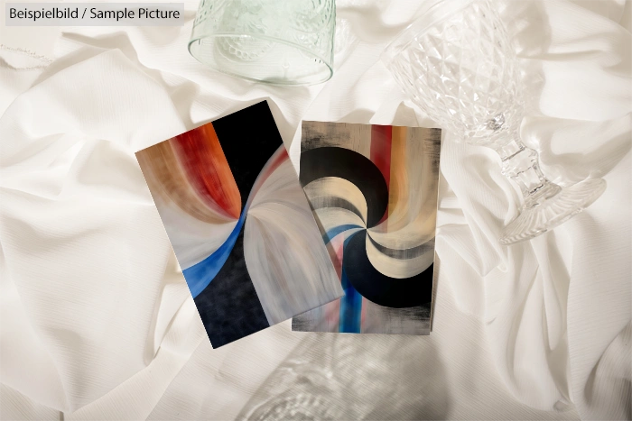 Two abstract paintings with swirling patterns in red, black, blue, and beige, placed on white drapery beside crystal glassware.