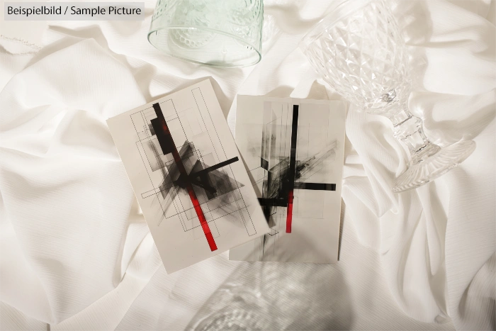 Abstract paintings with black and red lines on white fabric, alongside crystal glassware.