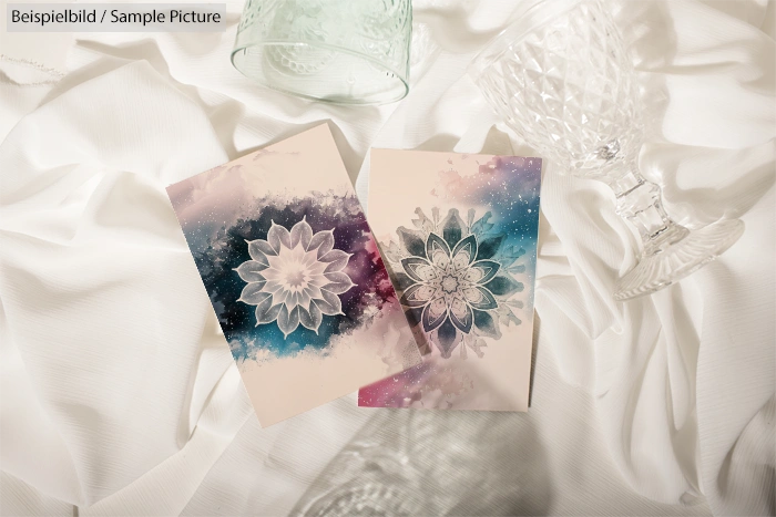 Two ornate mandala art cards on white fabric with crystal glasses nearby, set against a soft backdrop.