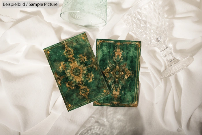 Green ornate journals on crumpled white fabric with glassware, creating a luxurious, vintage atmosphere.