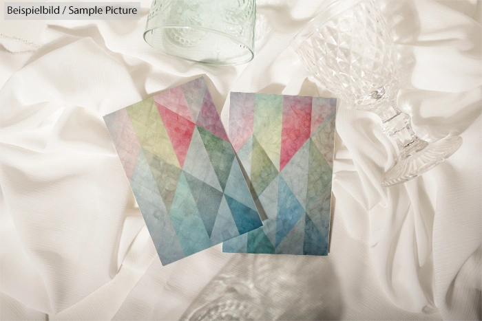 Two colorful geometric cards on white fabric with crystal glassware.