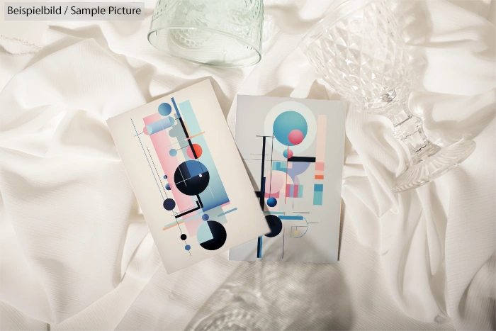 Two abstract geometric art prints on fabric with glassware, featuring circles and lines in pastel colors.