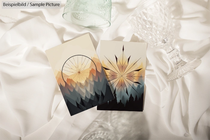 Two geometric postcards with mountain sunset and star designs on white fabric, surrounded by crystal glassware.