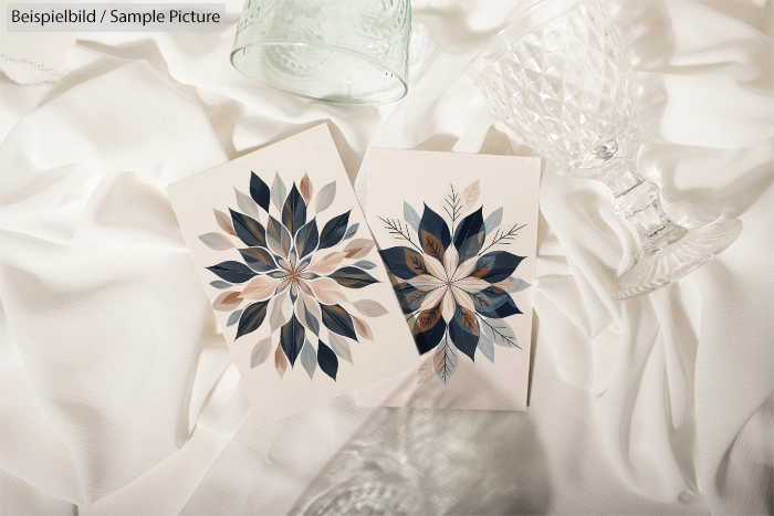 Two floral cards on white fabric with crystal glassware nearby.