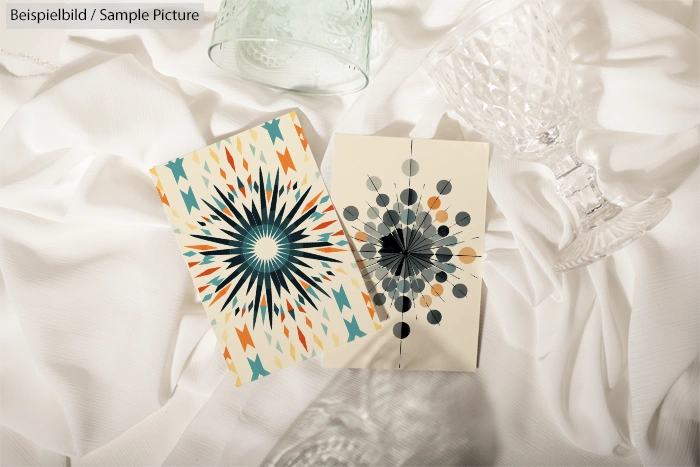 Colorful geometric patterned cards on white fabric near crystal glassware.