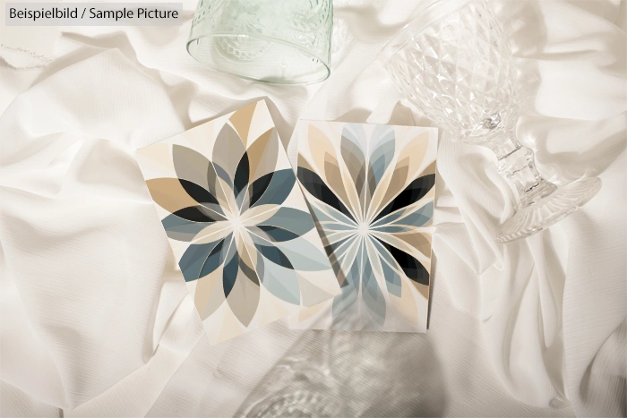 Two geometric floral pattern cards on white fabric with glassware.