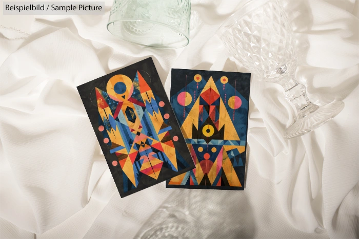 Two abstract geometric artworks in vibrant colors on white fabric beside crystal glassware.