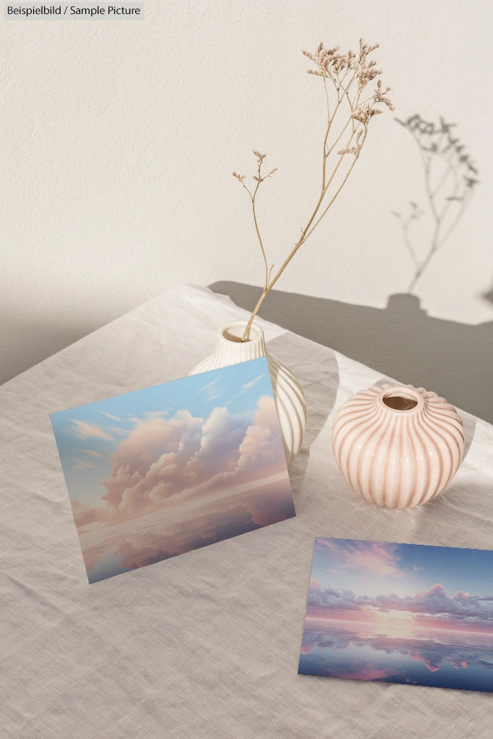 Decorative vases and sky-themed art photos on a sunlit table with dried plants casting shadows.