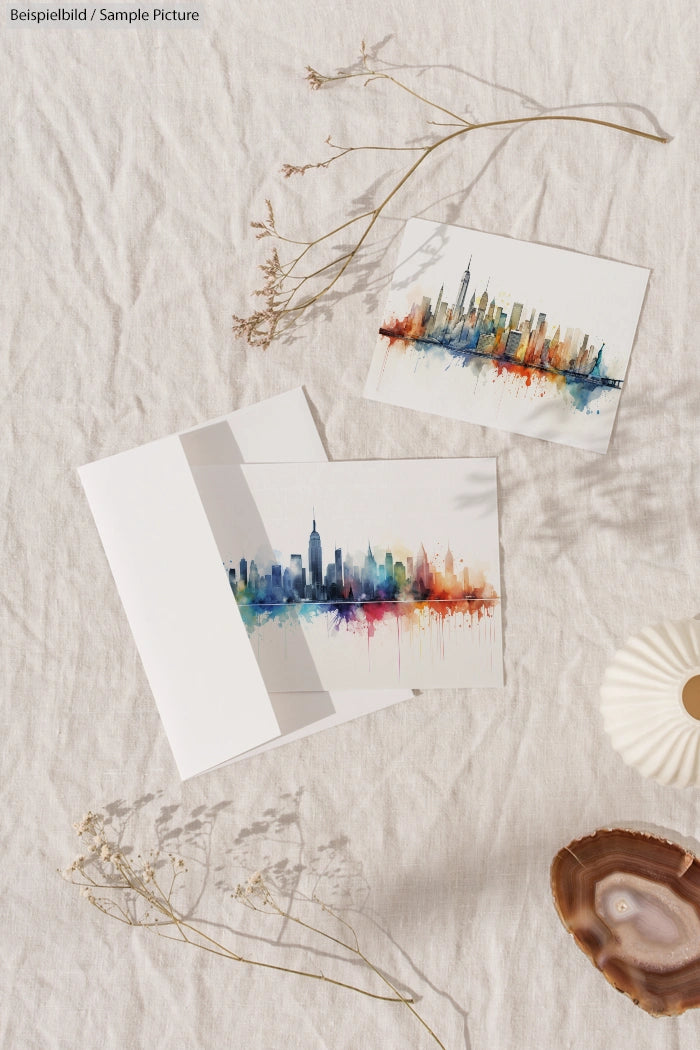 Colorful cityscape cards on beige fabric with dried plants and a ceramic vase.