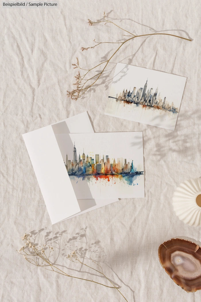 Cityscape watercolor cards on beige textured background with dried flowers and decorative bowl.