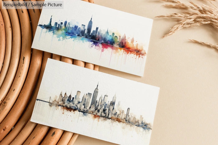 Abstract watercolor cityscapes with skyscrapers, one colorful and the other monochromatic, on textured paper.