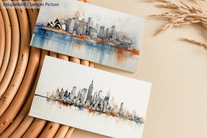 Watercolor paintings of city skylines on a beige background with circular and plant decorations.