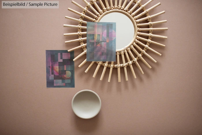 Mirror with sunburst frame and abstract art on beige wall, next to small white dish.