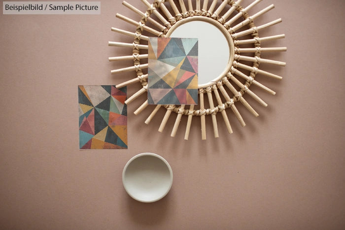 Round mirror and bowl on brown surface with geometric art cards, creating a modern, artistic arrangement.