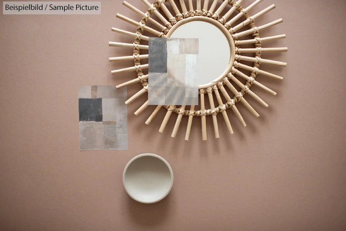 Decorative sunburst mirror and abstract paintings on a beige background next to a white ceramic bowl.