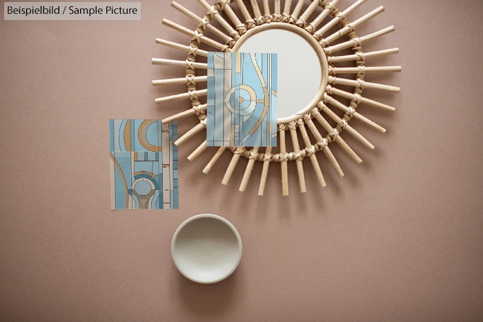 Round mirror with a rattan sunburst frame, two abstract blue and beige artworks, and an empty bowl on a brown table.