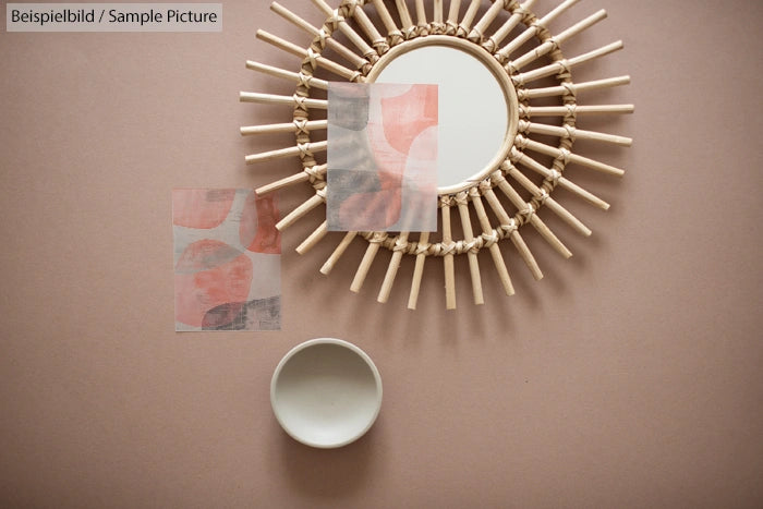 Round woven mirror and abstract art prints on a beige wall.