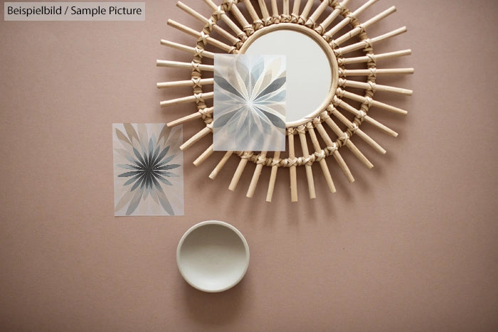 Round mirror with sunburst frame on beige background, accompanied by a white bowl and star-like geometric paper designs.