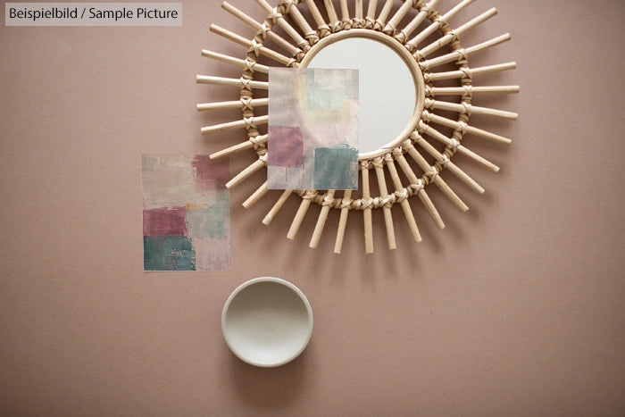 Round mirror with woven frame, abstract art prints, and ceramic dish on a beige background.