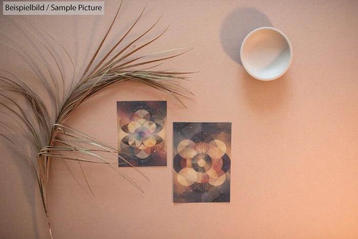 Abstract geometric art on beige background with a plant and a cup.