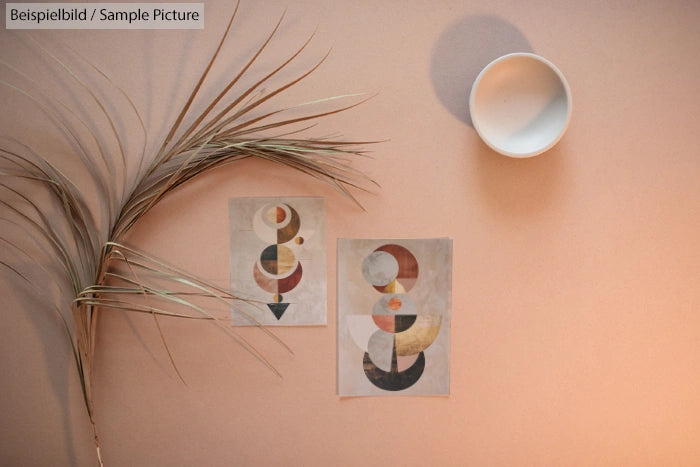 Minimalist art scene with abstract prints, dried plant, and a round white cup on a beige surface.