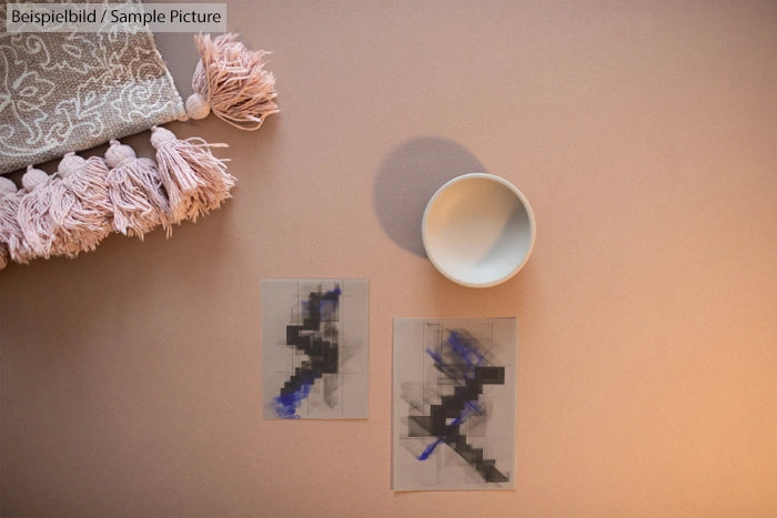 Abstract artwork with black and blue patterns, a white bowl, and a tassel cloth on a beige background.