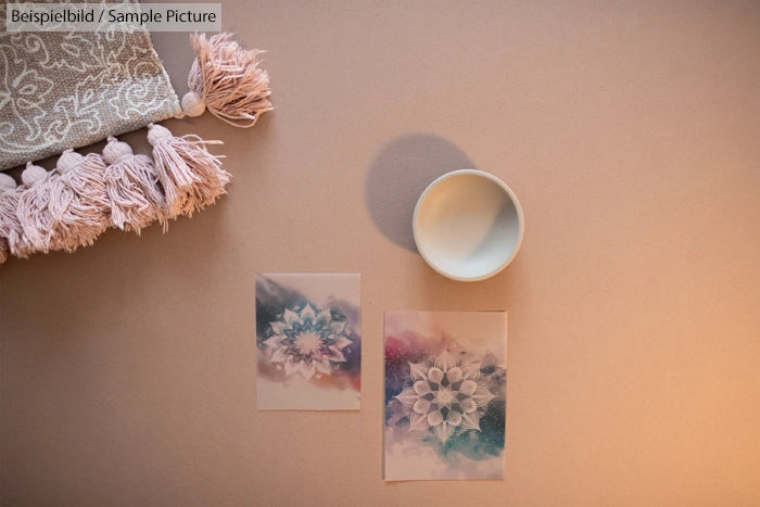 Artistic mandala prints, a tasseled fabric, and a white bowl on a beige surface, creating a serene composition.