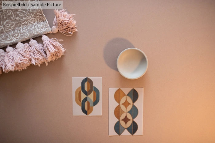 Overhead view of abstract geometric art prints on beige surface with pink tasseled shawl and small dish.