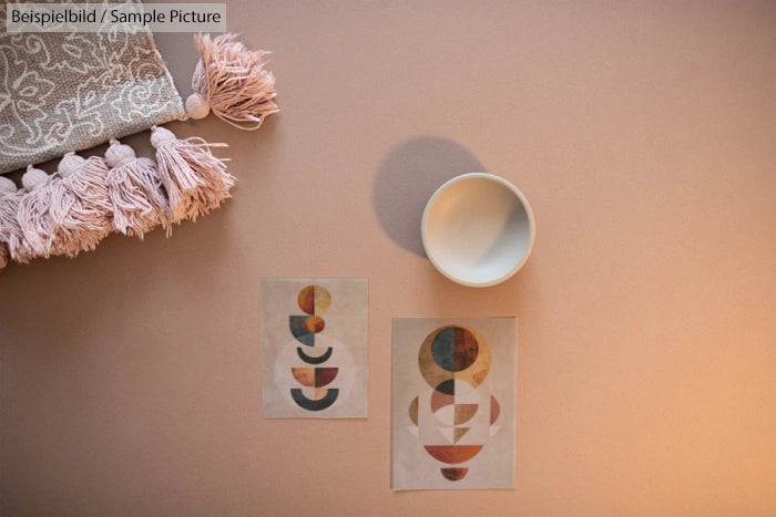 Decorative tassels, a small bowl, and abstract geometric prints on a beige surface.