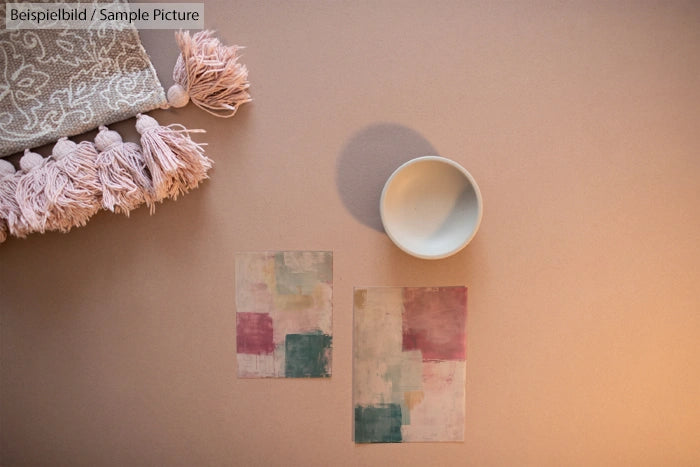 Flat lay of abstract art cards, a ceramic bowl, and textured pink towel on beige background.