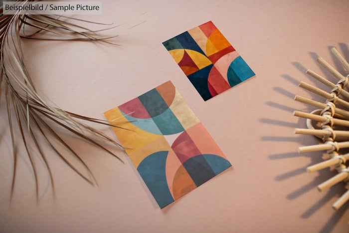 Two colorful abstract geometric artworks on a beige background with dried palm leaves and textured straw decor.