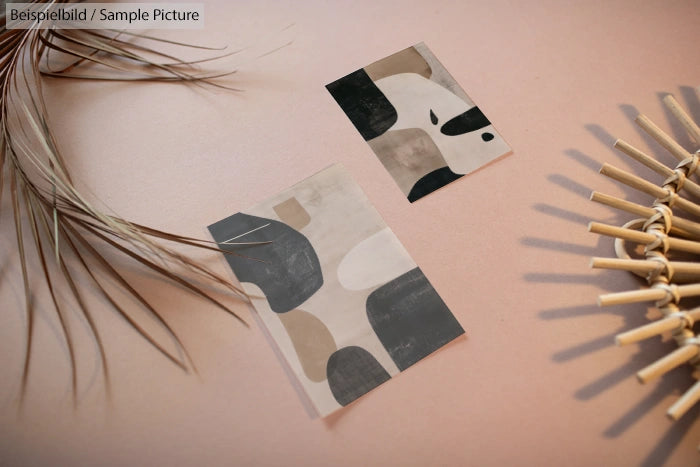 Two abstract art prints with neutral tones on a beige surface, complemented by dried grass and decorative wicker.