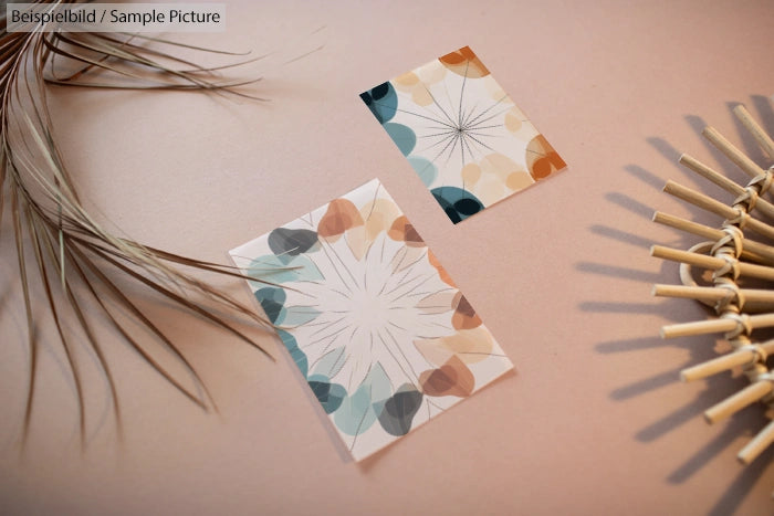 Two abstract geometric cards on a beige surface beside dried plant and decorative wicker element.