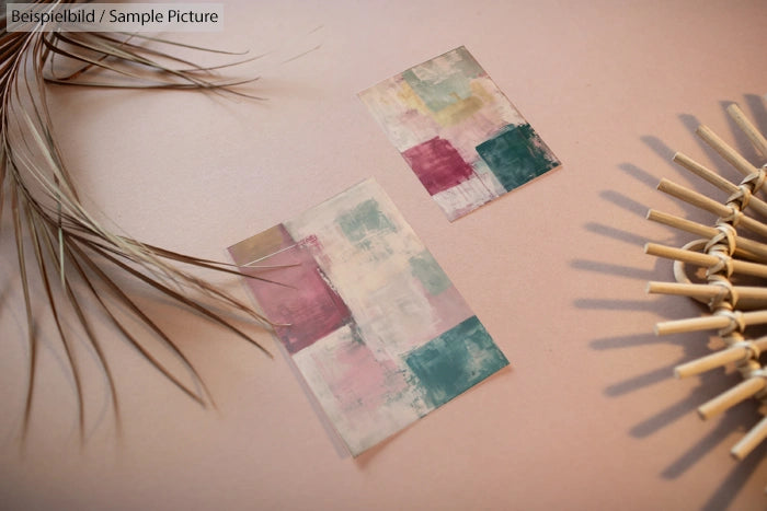 Two abstract paintings with pink, teal, and cream colors on a beige surface, next to dried leaves and bamboo decor.