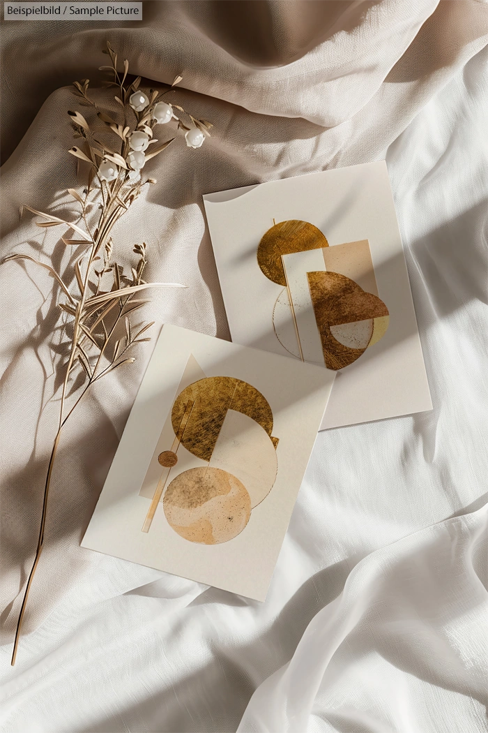 Abstract art cards with geometric shapes on a soft fabric background, styled with dried flowers in warm lighting.