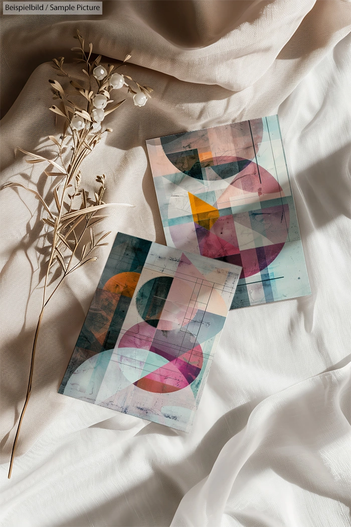 Abstract geometric art prints on white fabric with dried flowers; modern design featuring overlapping shapes and soft colors.