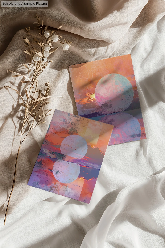 Two abstract cards with pastel circles and clouds, placed on soft beige fabric next to dried flowers.