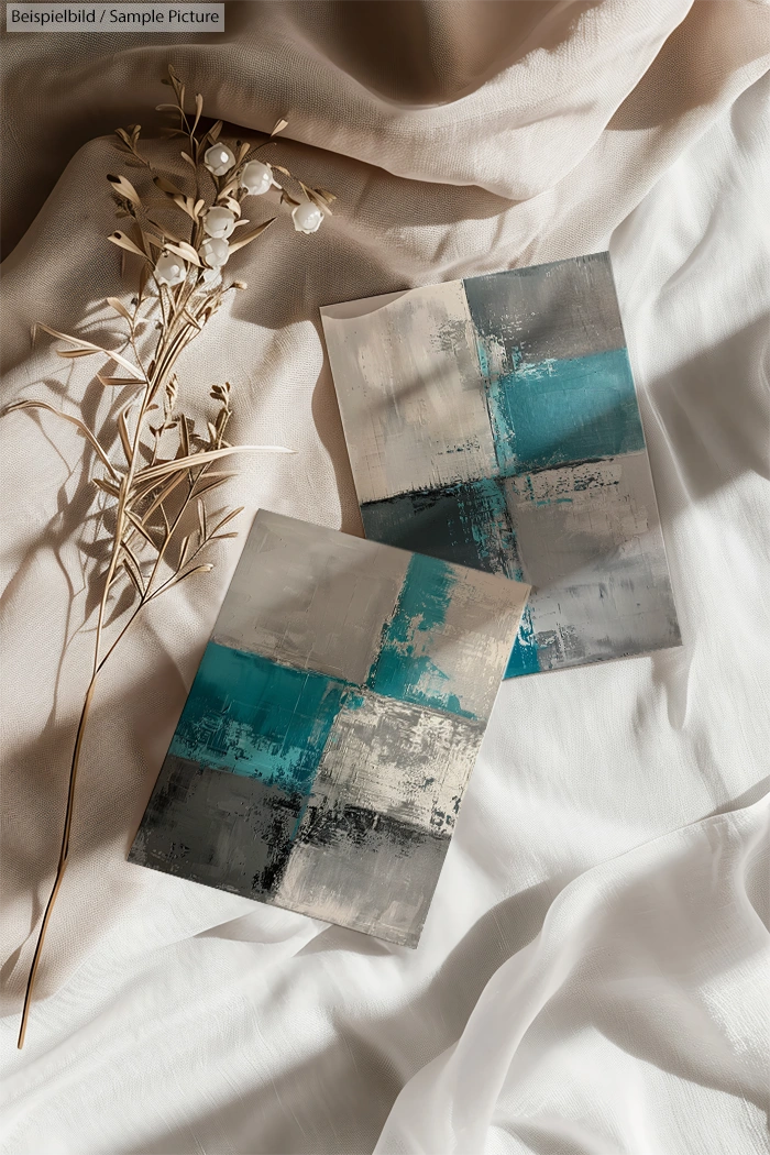 Two abstract paintings with blue, gray, and beige squares on a white fabric background, adorned with dried branches.